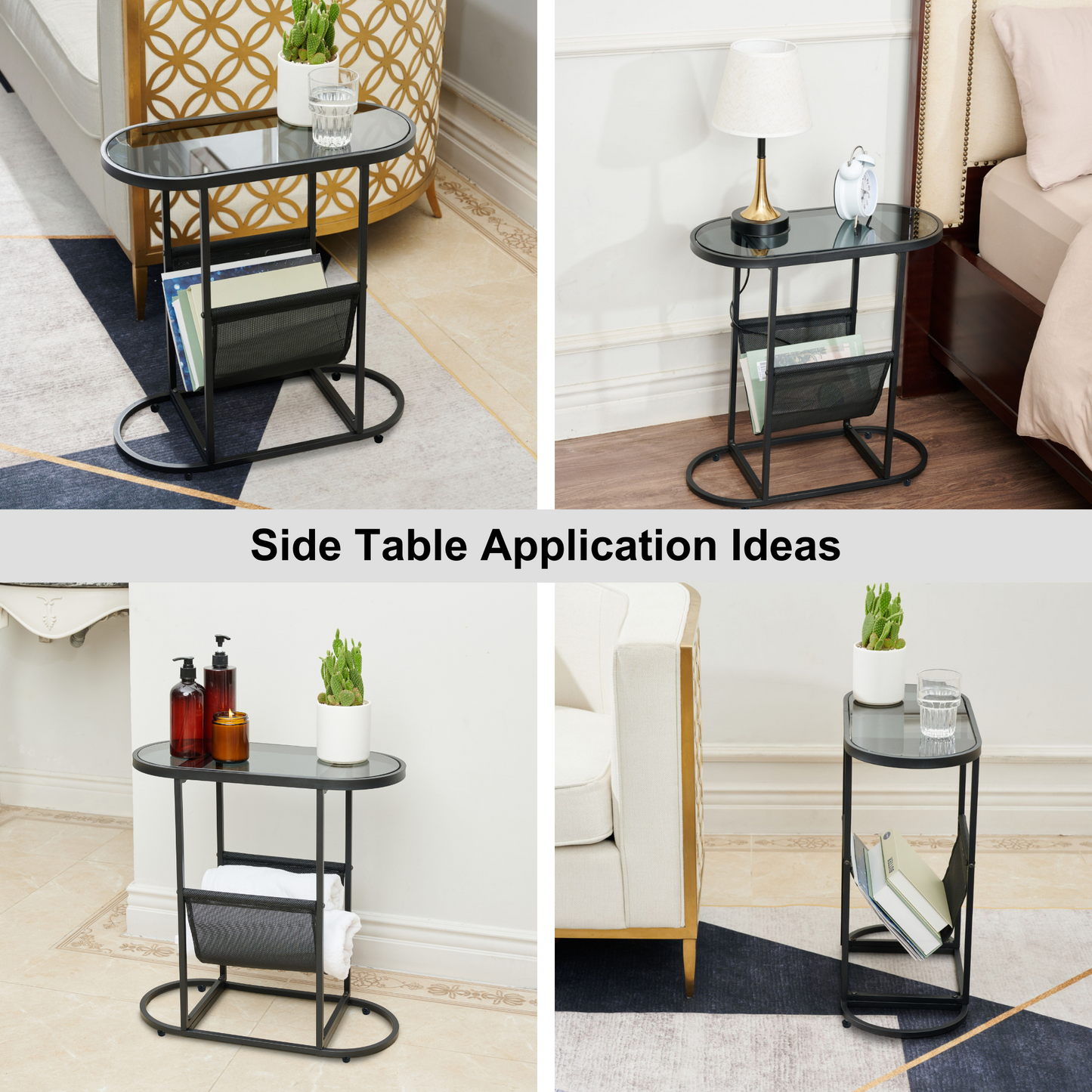 Glass Oval Small Side Tables Living Room Small Space With Magazines Organizer Storage Space