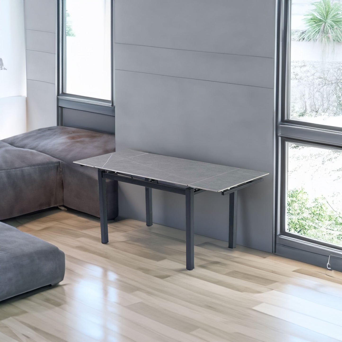 Grey Ceramic Modern Rectangular Expandable Dining Room Table For Space-Saving Kitchen Small Space -Table