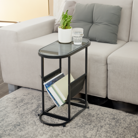 Glass Oval Small Side Tables Living Room Small Space With Magazines Organizer Storage Space (Set of 2)