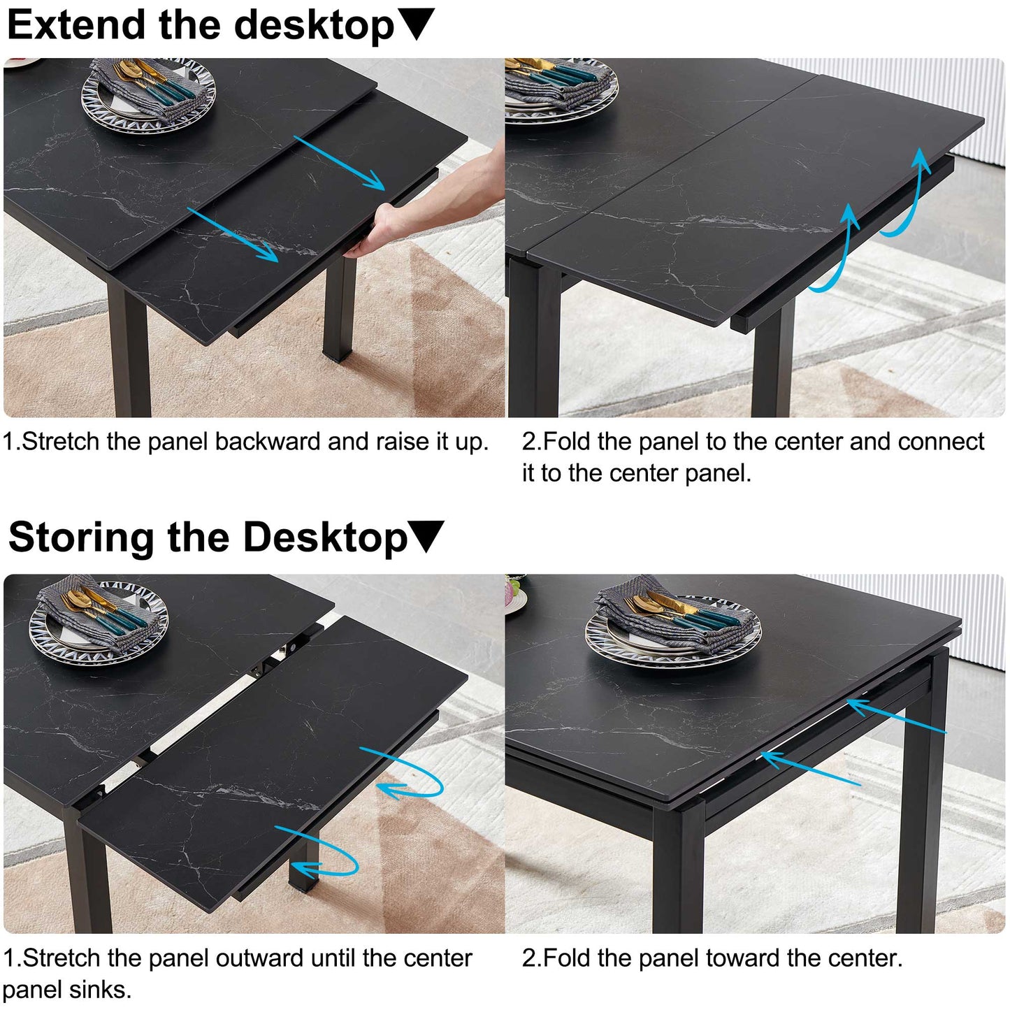 Black Ceramic Modern Rectangular Expandable Dining Room Table For Space-Saving Kitchen Small Space -Table