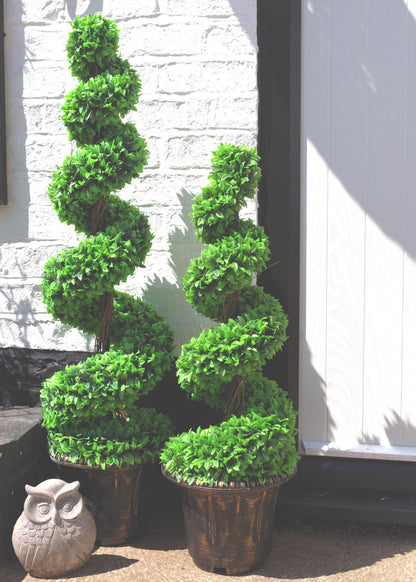 90cm Pair of Green Large Leaf Spiral  Topiary Trees with Decorative Planters-3