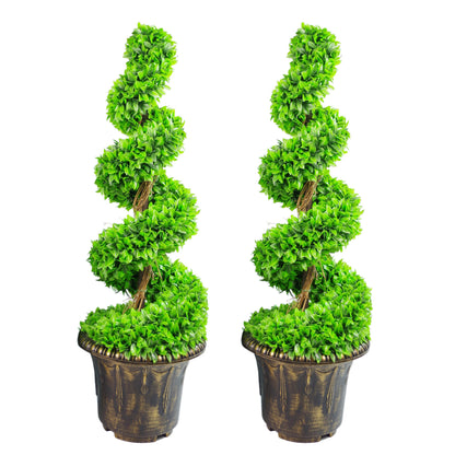 90cm Pair of Green Large Leaf Spiral  Topiary Trees with Decorative Planters-0